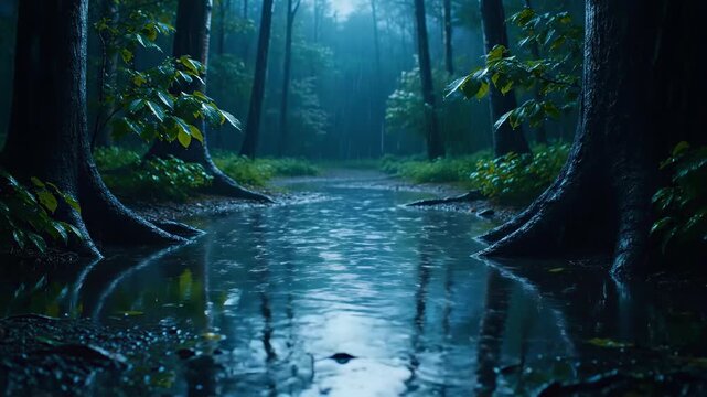 薄暗い森の中を流れる川と雨（環境音・癒し・睡眠）