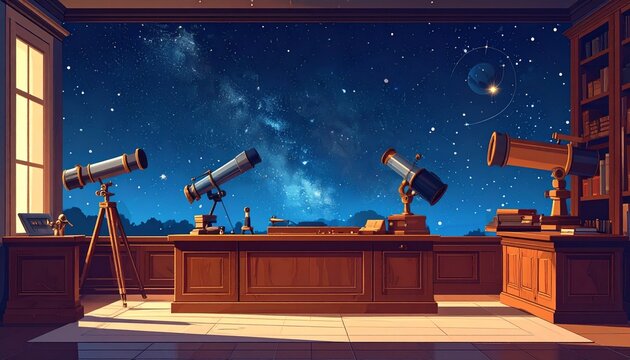Vintage Observatory Room with Telescopes and Starry Night Sky.
