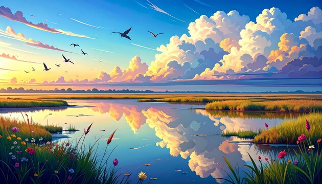 Serene Wetland Landscape with Birds and Reflections at Dawn.