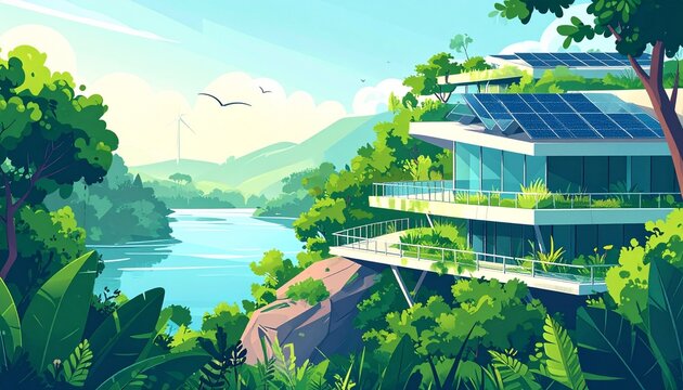 Eco friendly futuristic green building by river and mountains.