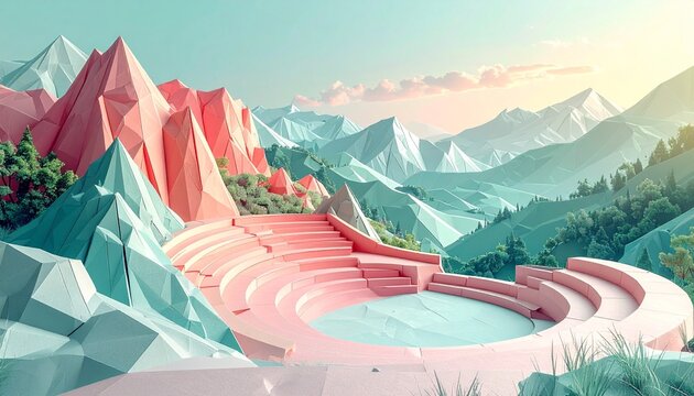 Low Poly Mountain Landscape with Amphitheater and Lake.