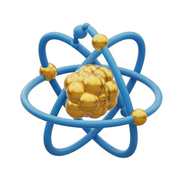 Abstract 3d atom model with golden nucleus and blue electron orbits.