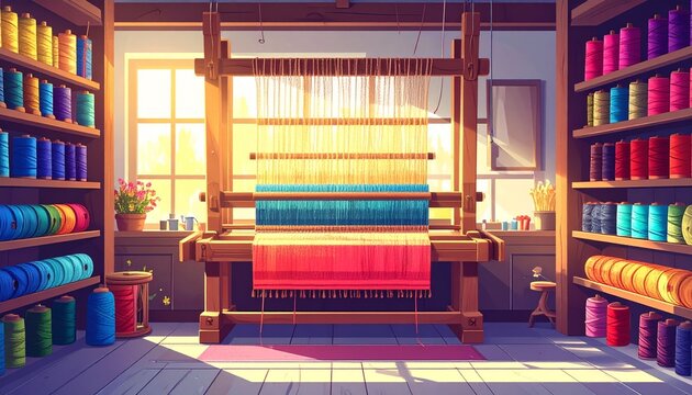 Vintage weaving loom in colorful yarn workshop interior.