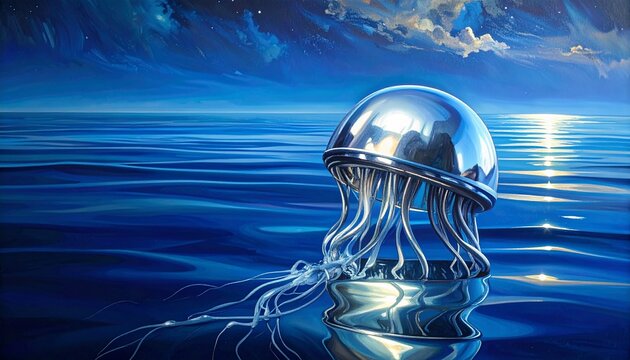 Luminous Glass Jellyfish Floating in Deep Blue Ocean.