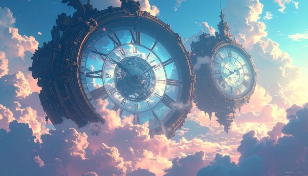 Floating Clocks in Dreamy Cloudscape Fantasy Scene.