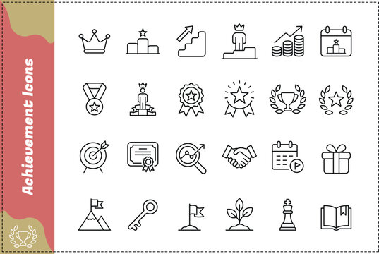 A collection of black outline success and achievement icons, perfect for business, growth, and victory concept.