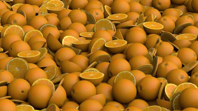 Flying over oranges pile - 3d render looped.