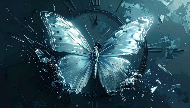 Fractured Glass Butterfly with Clock Background.