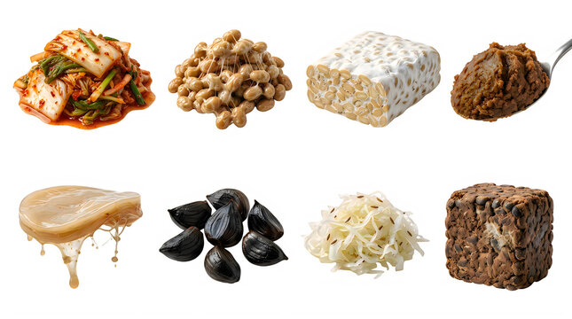 Set of various healthy fermented foods and ingredients isolated on transparent background