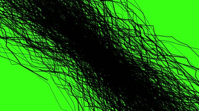 Abstract black chaotic lines moving across a green screen background