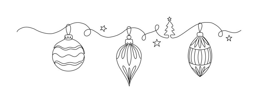 Continuous Line Art Christmas Garland with Hanging Ornaments Stars and Tree Vector