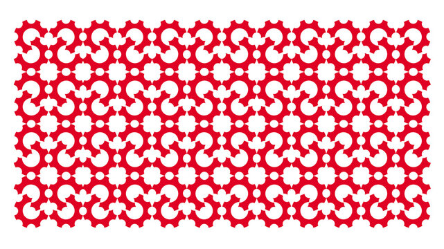 A high-quality geometric seamless pattern featuring a bold red and white color palette. The design showcases intricate symmetrical shapes inspired by traditional oriental or arabesque motifs. Ideal fo