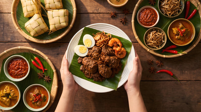 Top View Indonesian Hari Raya Feast with Beef Rendang Ketupat and Sambal