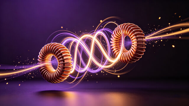 Electromagnetic Induction: Two toroidal coils interact with swirling light energy, illustrating the principle of electromagnetic induction in a mesmerizing display of scientific forces.