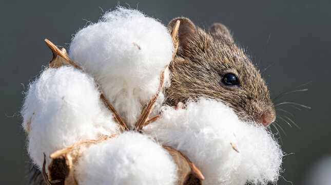 Small field mouse hiding inside a fluffy white cotton boll