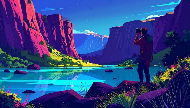 Solo traveler admiring vibrant canyon landscape at sunrise.