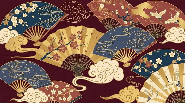 Vintage Japanese folding fans with floral patterns.