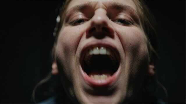 Close up of a person screaming with mouth wide open
