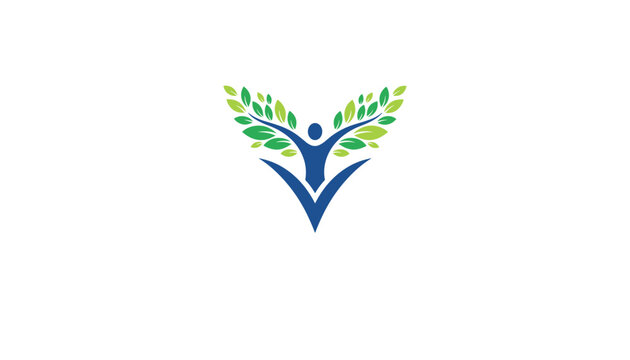 Natural wellness logo design featuring a human silhouette with green leaf wings over a blue checkmark symbol.