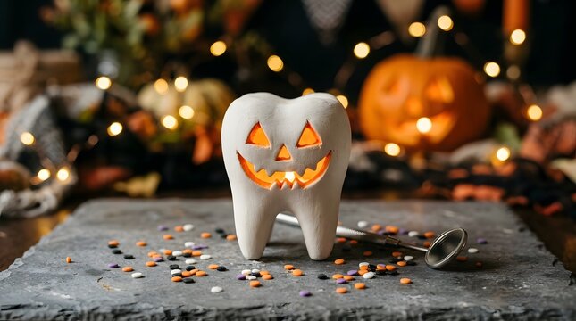 A creative tooth model carved like a pumpkin for a fun happy halloween dental health celebration concept