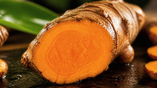Fresh Turmeric Root Cross Section Showing Vibrant Orange Interior