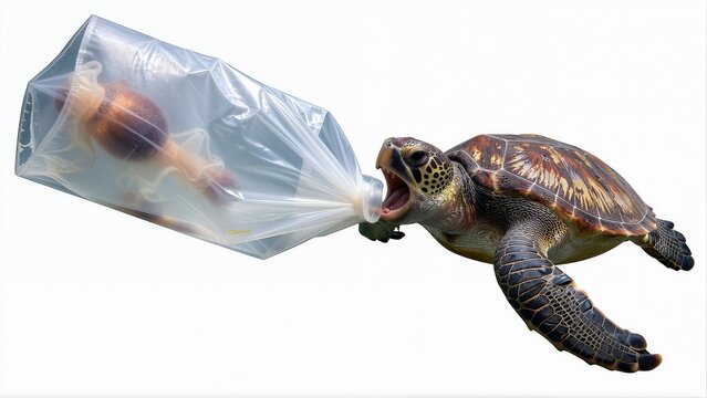 Sea turtle attempting to eat plastic bag with squid, isolated on white background