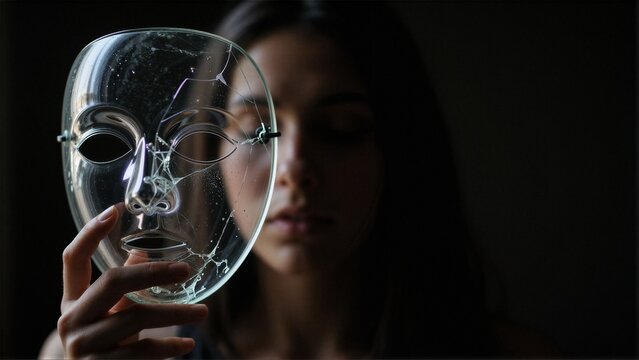 Woman holding cracked glass mask in front of face