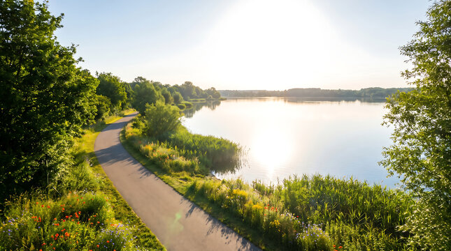 A tranquil path winds by a warm, sun-drenched lake. Ideal for positive news and advertising, this natural landscape provides a refreshing view during a heatwave.