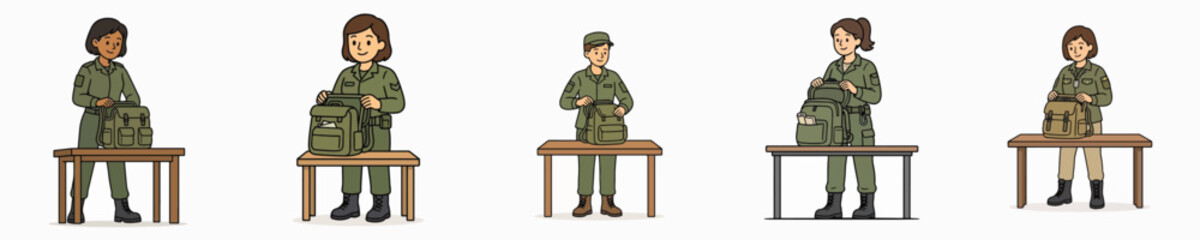 Obraz premium Set of vector illustrations of a female soldier checking a backpack.