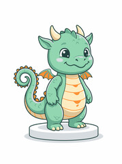 Fototapeta premium A cute little green baby dragon character standing on a white circular platform.