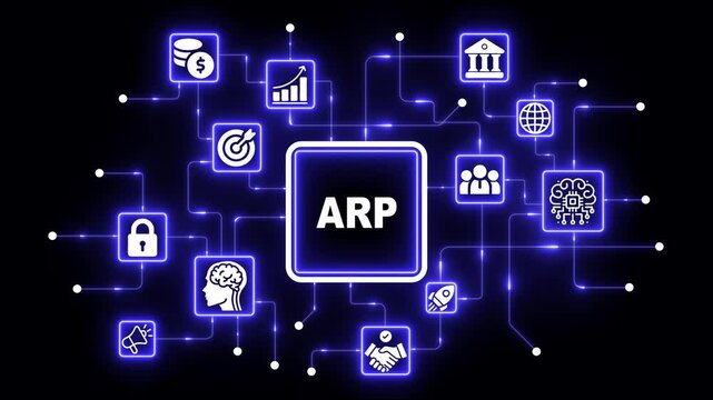 Arp concept: digital network interface with financial, banking, and business technology in glowing neon blue motion