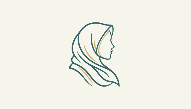 Minimalist line art vector profile illustration of a beautiful muslim woman wearing an elegant hijab headscarf.