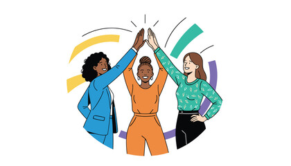 Fototapeta premium Diverse group of businesswomen giving high five in a circle celebrating success teamwork and female empowerment.