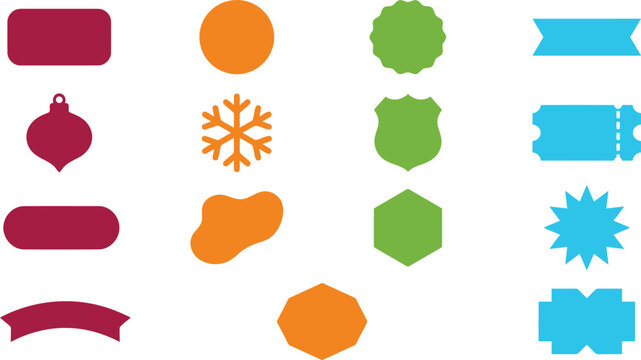 Christmas color blank badge and label shapes set &ndash; snowflake, ornament, shield, hexagon and ribbon banner templates collection