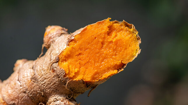Close up of a fresh broken turmeric root showing bright orange flesh