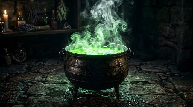 A magical bubbling witch cauldron with green glowing smoke in a dark room for a happy halloween celebration