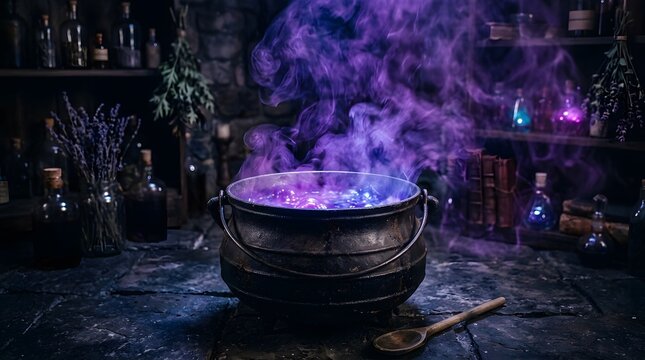 A magical witch cauldron bubbling with purple smoke in a dark mystical workshop for a happy halloween celebration
