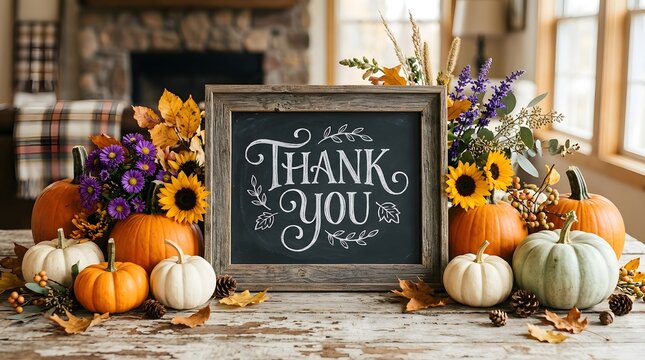 Rustic thank you chalkboard sign surrounded by autumn pumpkins and fall flowers for a happy halloween celebration