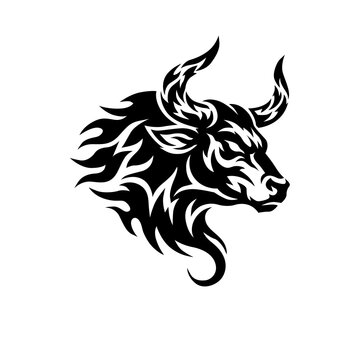 A powerful and aggressive bull head illustration in a sharp tribal style. This black silhouette features curved lines and flame-like patterns, making it ideal for sports mascots, gym logos, automotive