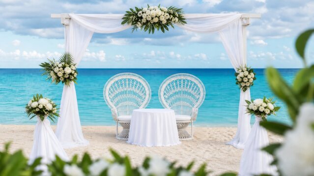 Beach wedding ceremony arch with white flowers, draped fabric and ocean view