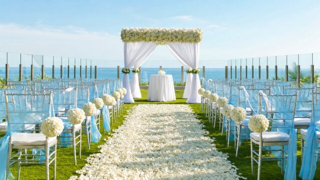 Oceanfront wedding aisle with white flower petals, floral arch and clear chairs