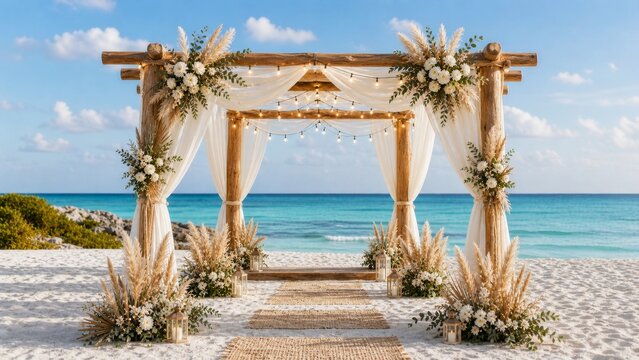 Bohemian beach wedding arch with pampas grass, flowers and string lights