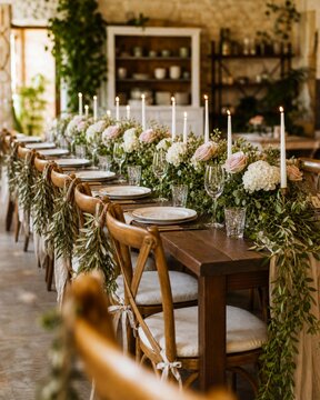 Rustic wedding reception table with pastel flowers, candles and greenery