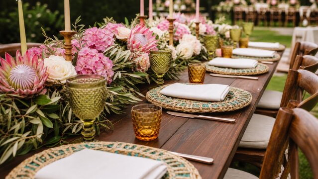 Colorful outdoor wedding tablescape with protea flowers and woven chargers
