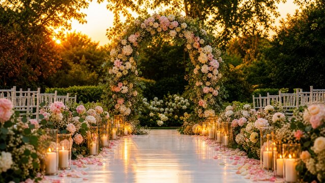 Golden hour garden wedding aisle with rose arch, candles and flower petals
