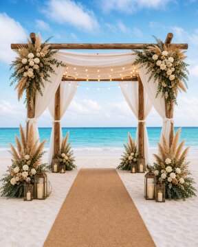 Beach wedding aisle with wooden arch, white drapery and pampas grass