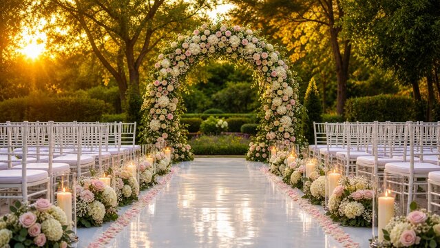 Elegant garden wedding ceremony with circular floral arch and white chairs