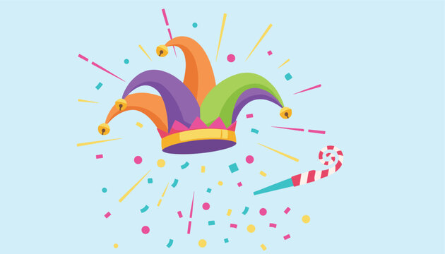 Colorful carnival jester hat with bells surrounded by bright flying confetti and party horn on a light blue background.