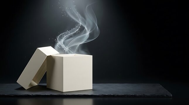 An open gift box with magical smoke and sparkles emerging against a dark background