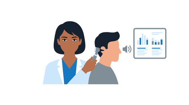 Female doctor using an otoscope to examine a male patient's ear with a digital audiogram chart display showing hearing test results in a clinical medical setting illustration.